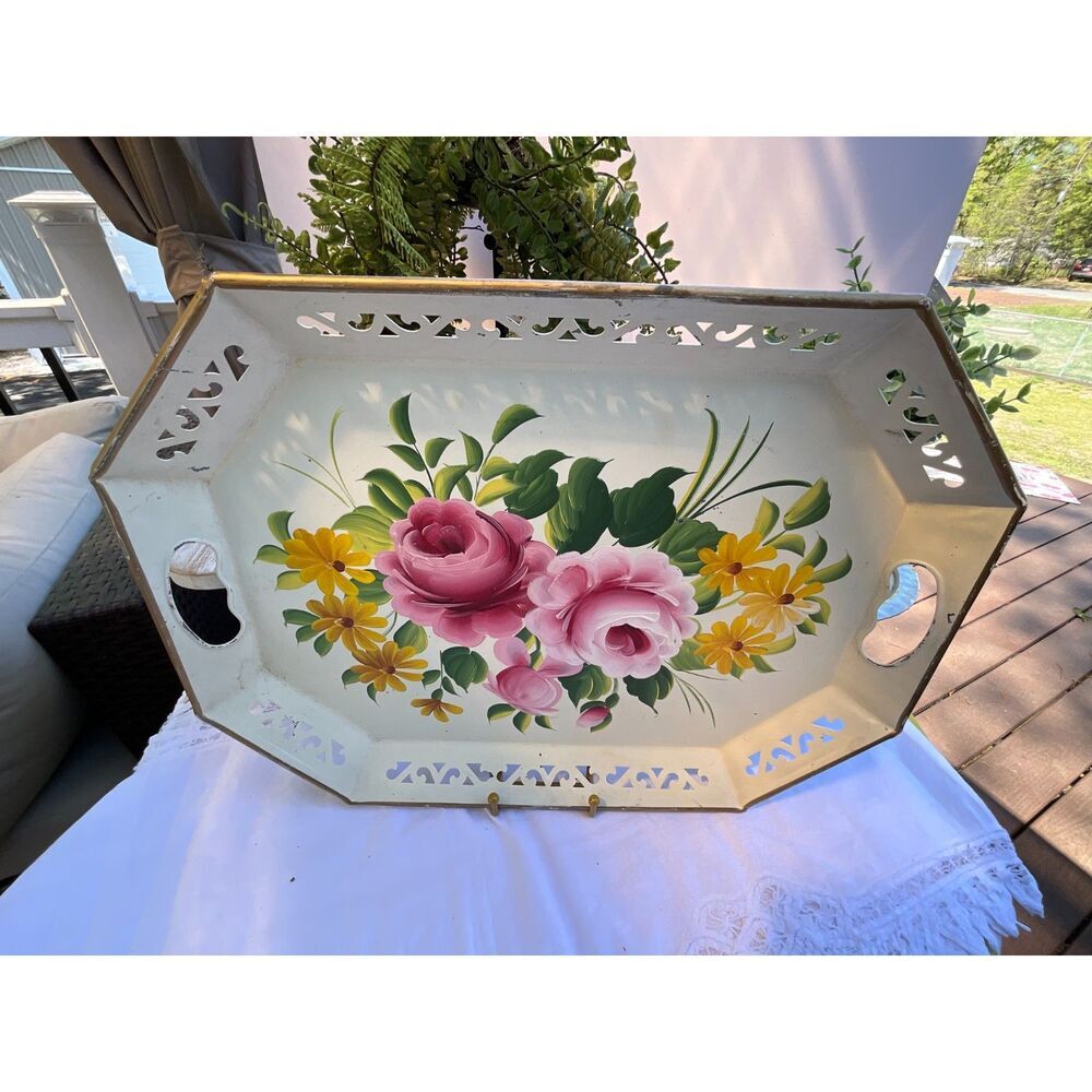 Hand Painted Shabby Cottage Vintage Tole Tray Beautiful tole tray